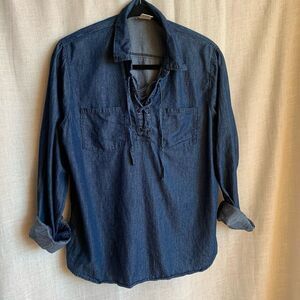Y2K Lace-Up Denim Top Faded Glory Womens L Boho Western Retro Grunge Long Sleeve